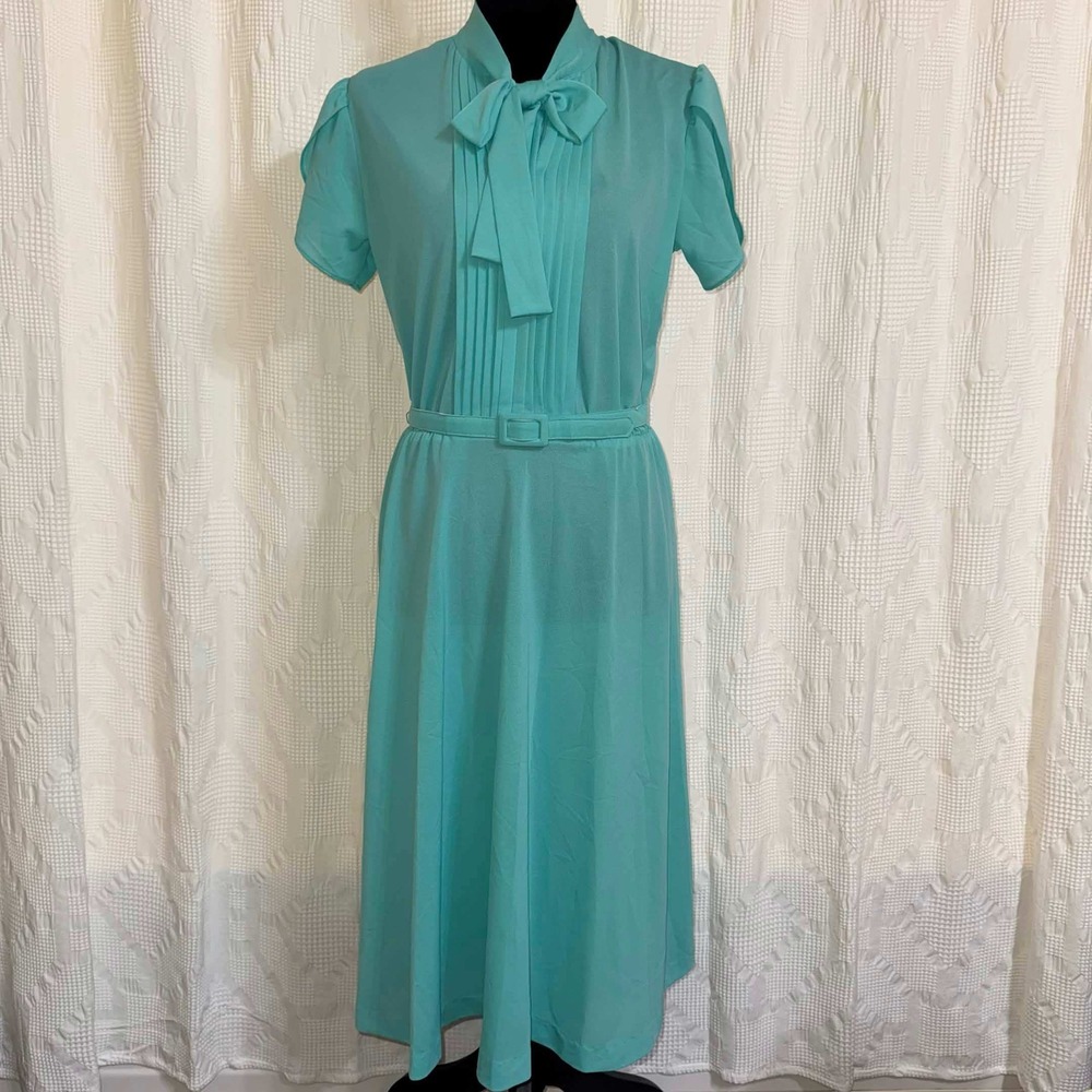 Vintage 70s Matthew Love Union Bow Midi Dress Turquoise Pleated Belted Petite 10